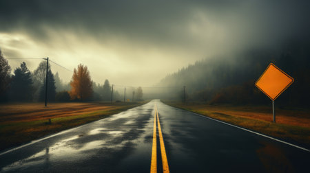 An empty road with a yellow sign on it. AIの素材
