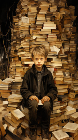 A young boy sitting on top of a pile of books. AIの素材