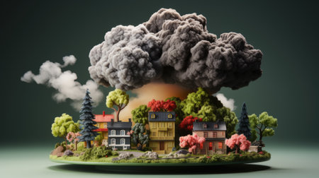 A model of a house with smoke coming out of it. AIの素材