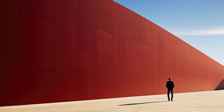 A person walking in front of a red wall. AIの素材