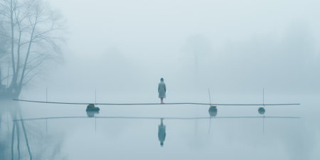 A person standing on a wooden bridge over a lake. AIの素材
