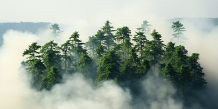 A forest is covered in smoke and trees. AIの素材