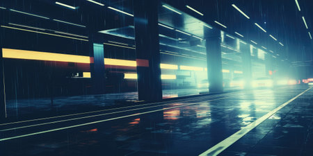 An empty hallway with neon lights and a car. AIの素材