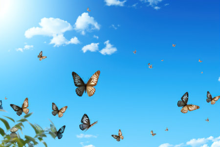 A bunch of butterflies flying in the sky. Generative AI image.の素材