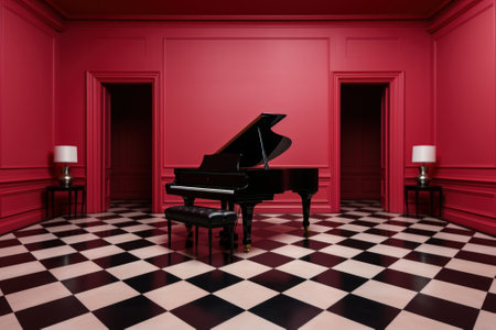 A grand piano in a red room with a checkered floor. Generative AI image.の素材
