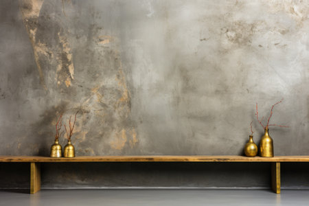 Three gold vases sit on a wooden bench. Generative AI image.の素材