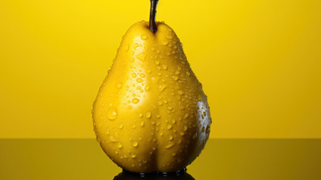 A yellow pear with water droplets on it. Generative AI image.の素材