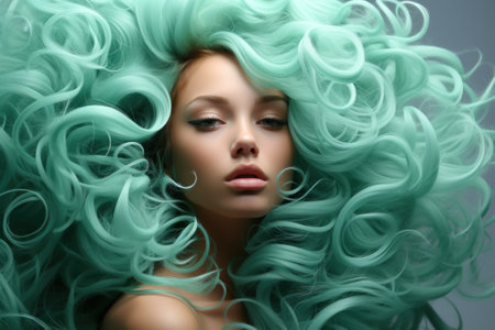 A woman with green hair is posing for a picture. Generative AI image.の素材