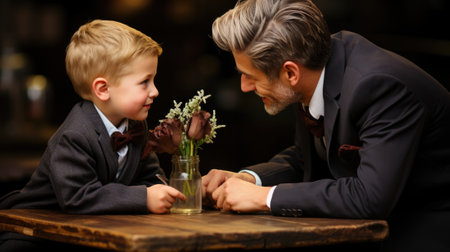 A grandfather and a grandson sitting at a table. Generative AI image.の素材