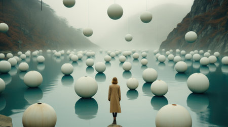 A person standing in front of a lake filled with white balls. Generative AI image.の素材