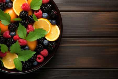 A bowl of mixed berries and oranges on a wooden table. Generative AI image.の素材