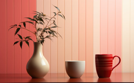 A vase and two cups on a table. Generative AI image.の素材