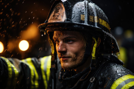 A fireman wearing a helmet and holding a hose. Generative AI image.の素材