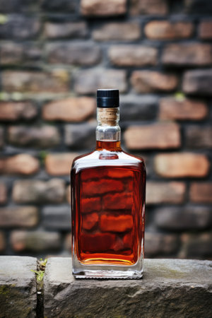 A bottle of whiskey sitting on a ledge. Generative AI image.の素材