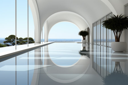 A long pool with a plant in a vase next to it. Generative AI image.の素材