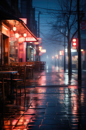 A wet sidewalk with tables and chairs in the rain. Generative AI image.の素材
