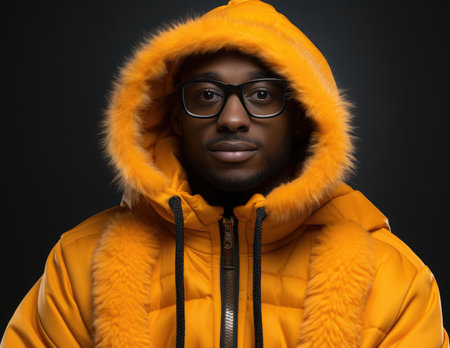 An african man wearing a yellow jacket and glasses. Generative AI image.の素材