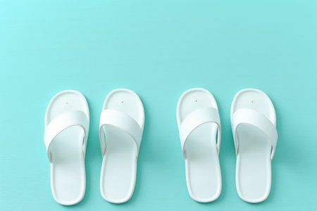 Two pairs of white slippers on a blue surface. Generative AI image.の素材
