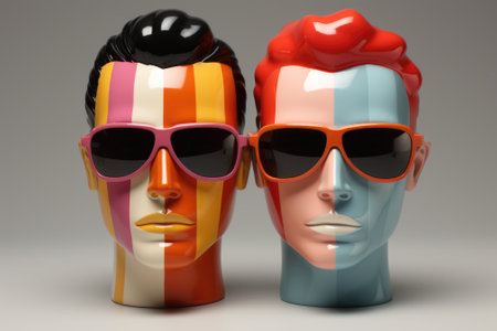 A couple of ceramic mannequin heads with sunglasses on them. Generative AI image.の素材