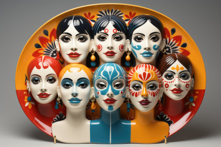 A ceramic plate with a group of womens faces painted on it. Generative AI image.の素材