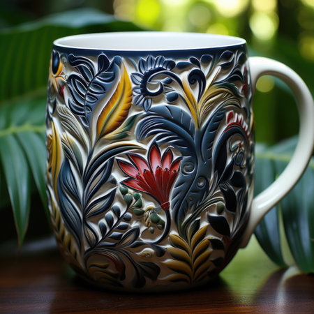 A close up of a coffee cup on a table. Generative AI image.の素材