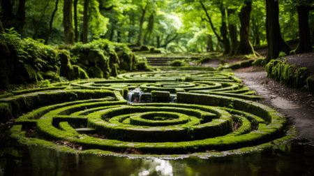 A maze in the middle of a forest. Generative AI image.の素材