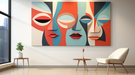 A living room with a chair and a painting on the wall. Generative AI image.の素材