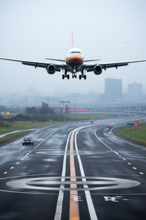 A large jetliner flying over an airport runway. Generative AI image.の素材