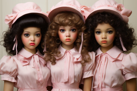 A group of three dolls wearing pink hats. Generative AI image.の素材