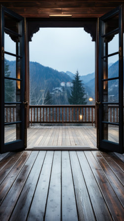 A wooden deck with a view of the mountains. Generative AI image.の素材