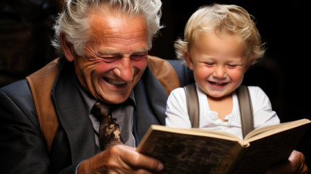 A grandfather and his granddaughter are reading a book. aiの素材
