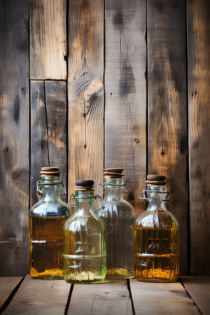 A group of four glass bottles with alcohol drinks sitting on top of a wooden table. Generative AI image.の素材