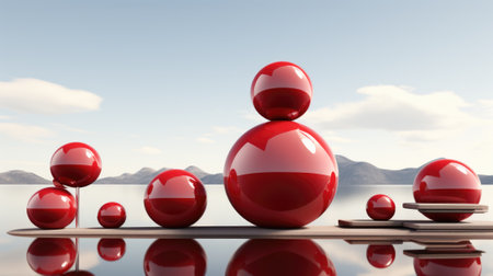 A group of red spheres sitting on top of a body of water. Generative AI image.の素材