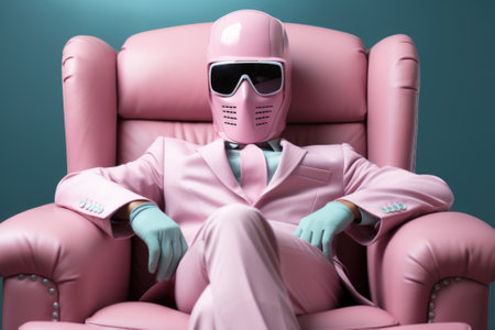 A man in a pink suit sitting in a pink chair. Generative AI image.の素材
