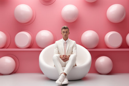 A man in a white suit sitting in a white chair. Generative AI image.の素材