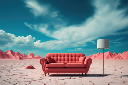 A red couch sitting in the middle of a desert. Generative AI image.の素材