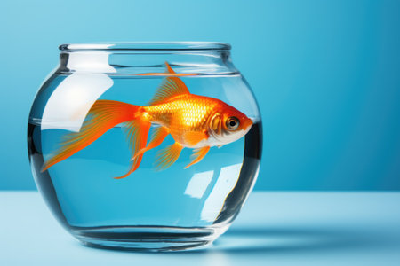 A goldfish in a glass bowl on a table. Generative AI image.の素材