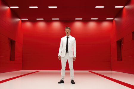 A man in a white suit standing in a red room. Generative AI image.の素材