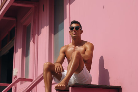 A shirtless man sitting on the steps of a pink building. Generative AI image.の素材