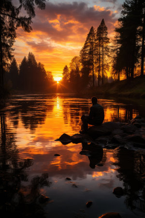 A person sitting on a rock in front of a lake at sunset. Generative AI image.の素材