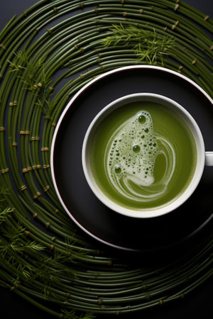 A cup of green matcha tea on a black plate. Generative AI image.の素材