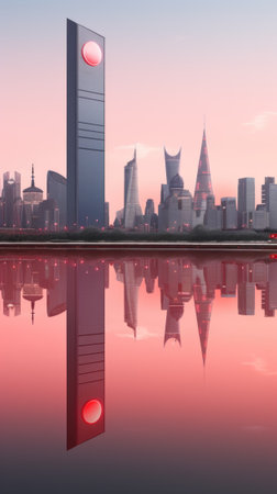 A picture of a city at sunset with a reflection in the water. Generative AI image.の素材