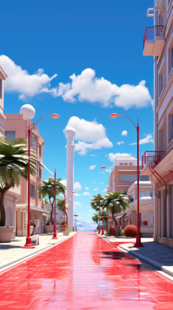 A city street with palm trees on both sides of it. Generative AI image.の素材