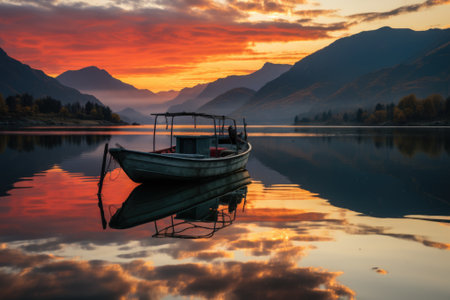 A boat floating on top of a lake at sunset. Generative AI image.の素材