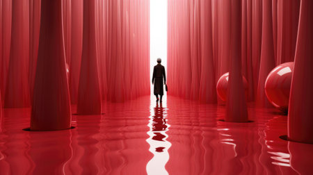 A person standing in a room with red curtains. Generative AI image.の素材