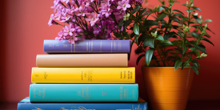 A stack of books sitting on top of a table next to a plant. Generative AI image.の素材