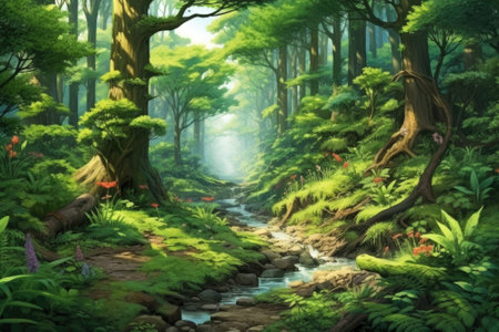 A stream running through a lush green forest. Generative AI image.の素材