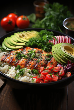 A bowl of food with avocado, tomatoes, ribs and rice. Generative AI image.の素材