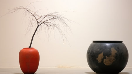 Two vases sitting next to each other on a floor. Generative AI image.の素材
