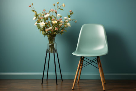 A vase of flowers sitting next to a chair. Generative AI image.の素材